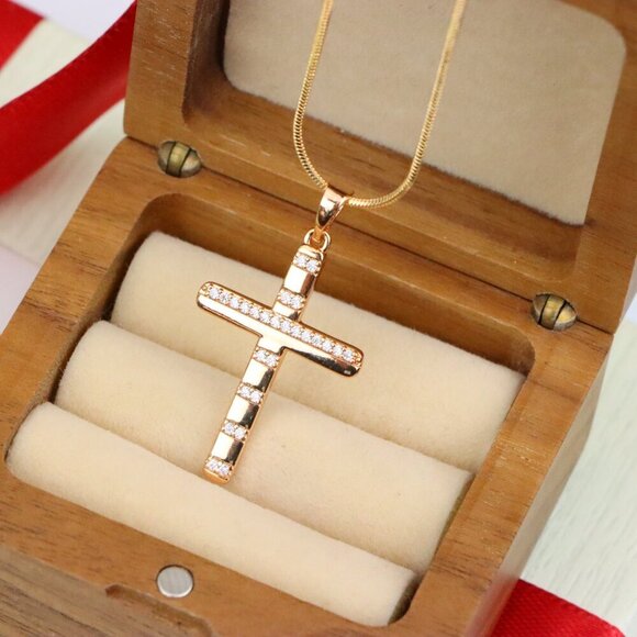 "Rose Gold Cross Pendant with CZ Stripes in Geometric Modern Design, XPPT1821 - Picture 1 of 12